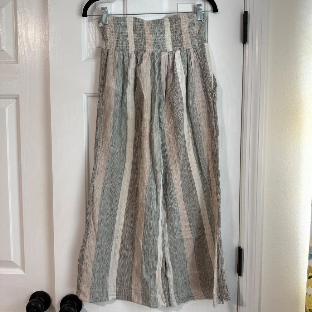 Free People Wide Leg Palazzo Pants Cotton Natural Fibers Striped Capris Beach S